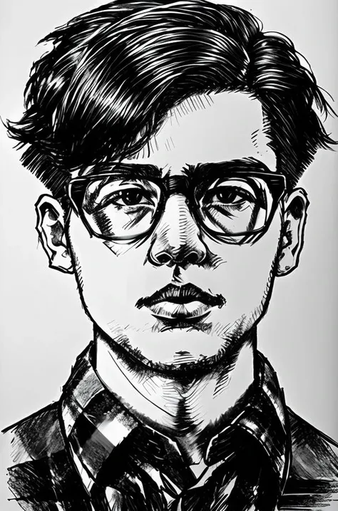 1boy, short hair, Comb-over, asian, plaid shirt, glasses, upper body, close-up, style by NTY, drawing, <lora:Drawing1:0.8 >,