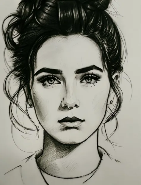 <lora:Drawing1:0.8> (style by nty, drawing:1.2), a woman, chignon, facing camera, mug shot