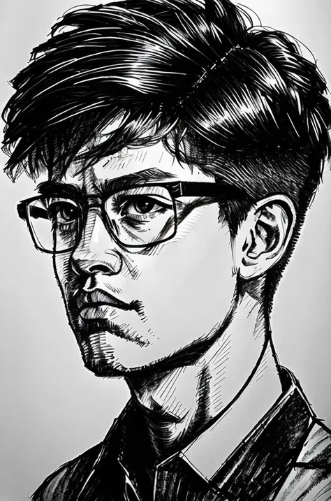 (masterpiece, best quality:1.3), 1boy, short hair, Comb-over, asian, plaid shirt, glasses, upper body, close-up, style by NTY, drawing, <lora:Drawing1:0.8 >,