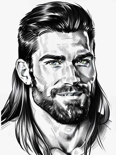 (drawing, style by NTY:1.2) of (one male), (looking at viewer), (portrait:1.5) (headshot:1.5),
Very detailed manly face, heroic, detailed realistic open eyes, (muscular:1.5), (big muscles), (massive pecs), (hairy pecs), narrow waist and hips, (long hair), (slight smile).
<lora:Drawing1:0.8>
