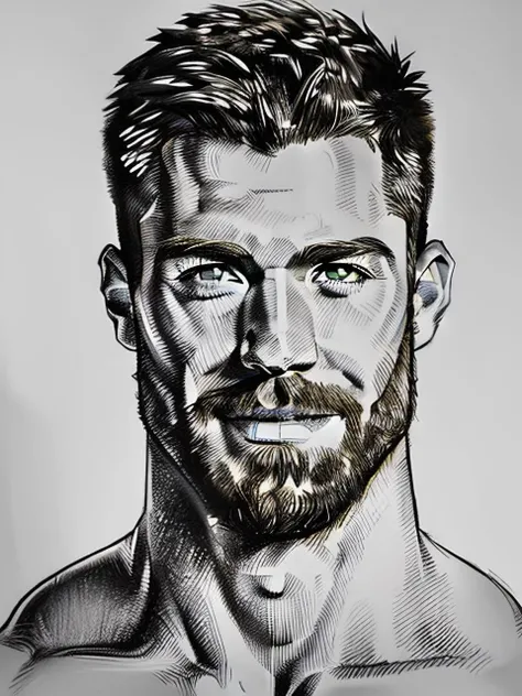 (drawing, style by NTY:1.2) of (one male), (looking at viewer), (head shot:1.7) (portrait:1.7),
Very detailed manly face, heroic, detailed realistic open eyes, (muscular:1.5), (big muscles), (massive pecs), (hairy pecs), narrow waist and hips, (slight smile), (shirtless) (topless male).
<lora:Drawing1:0.8>