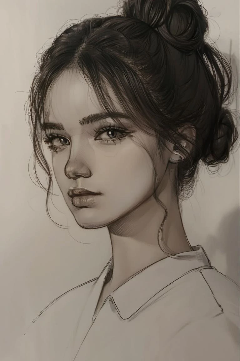 <lora:Drawing1:0.8> (style by nty, drawing:1.2), a woman, chignon, facing camera, mug shot