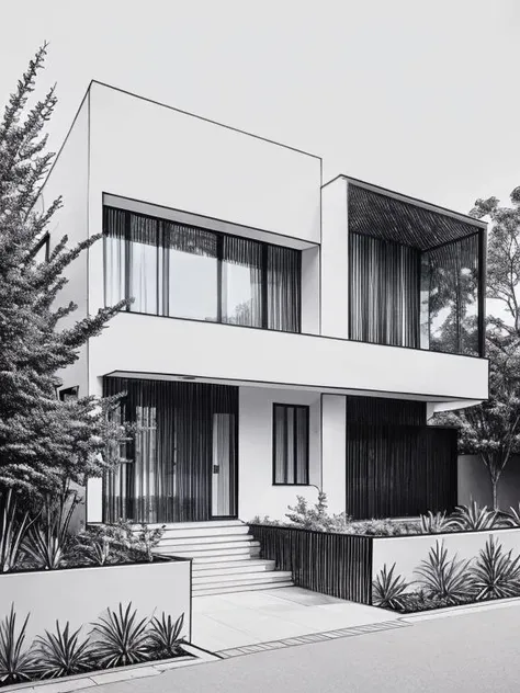 modern house with terrace, street, plants, exterior, black background, bw, drawing line white narrow pencil, linework style, <lora:Drawing:0.8>
