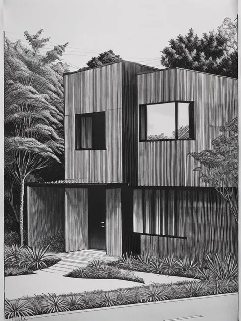 modern house in teh forest, street, plants, exterior, black background, bw, drawing line white narrow pencil, linework style, <lora:Drawing:0.8>