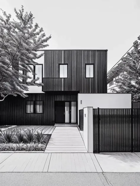 modern house, pavement, exterior, black background, bw, drawing line white narrow pencil, linework style, <lora:Drawing:0.8>