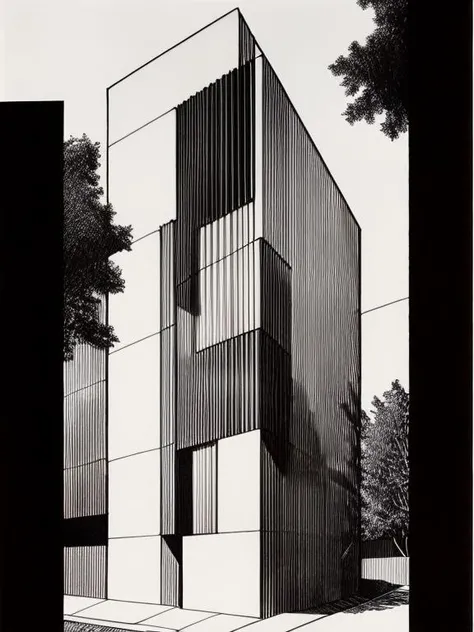 tall modern house, pavement, exterior, black background, sculpture, bw, drawing line white narrow pencil, linework style, <lora:Drawing:0.8>