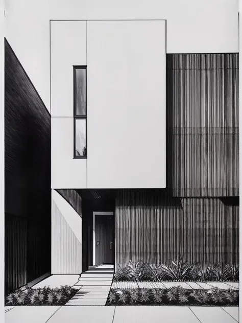 modern house, street, plants, exterior, black background, bw, drawing line white narrow pencil, linework style, <lora:Drawing:0.8>