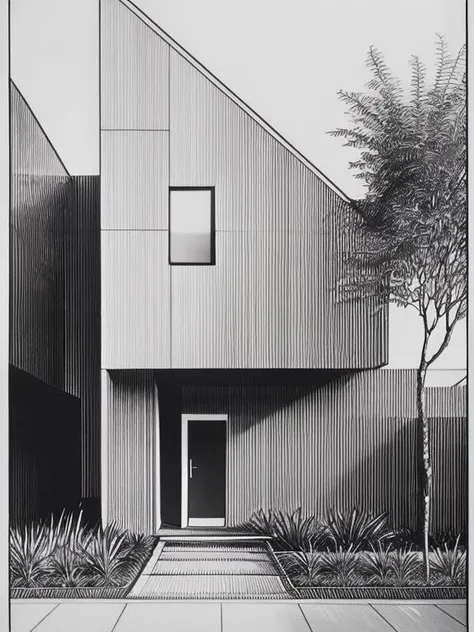 modern house, street, plants, exterior, cars, black background, bw, drawing line white narrow pencil, linework style, <lora:Drawing:0.8>
