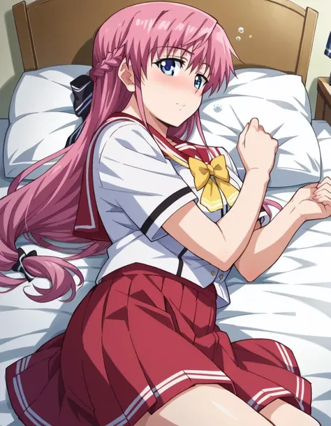 score_9, score_8_up, score_7_up, source_anime,
akinaorifushi, <lora:akina-orifushi-ponyxl-lora-nochekaiser:1>
akina orifushi, long hair, pink hair, blue eyes, hair braid, braid, hair bow, bow, mature female,
skirt, school uniform, serafuku, red sailor collar, red skirt, white shirt, short sleeves,
indoors, bed, bed room, on side, blush, drunk,
looking at viewer, dutch angle, cowboy shot,
