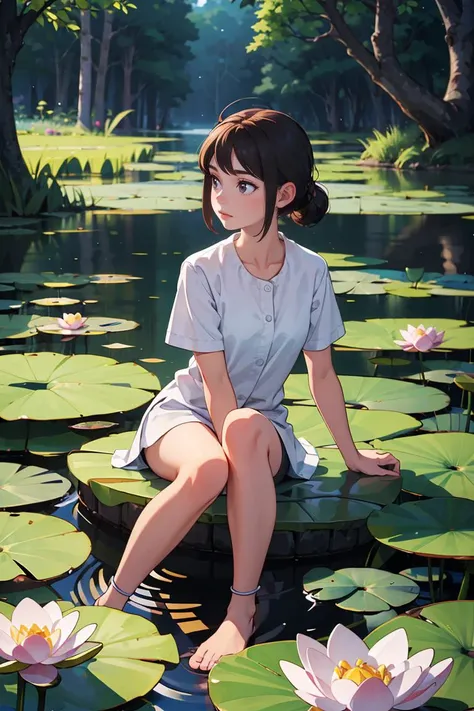 A woman dressed in a white swimsuit sitting on a leaf in a lake surrounded by trees and flowers, arte conceitual relaxante, por Li Song, por Yang J, a beautiful artwork illustration, serene illustration, natureza anime, anime exuberante john 8k madeiras, por Goro Fujita, Directed by: Atey Ghailan, natureza anime wallpap, arte de fundo, Atey Ghailan 8 K, Arte Lofi --auto