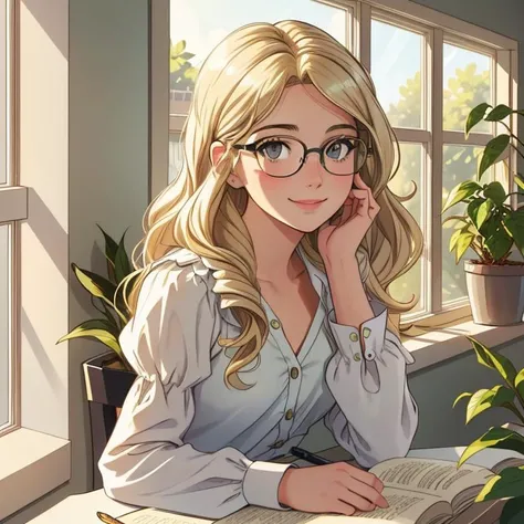 a pretty young girl
Emily Bett Rickards
with a button nose
a barrette holding
her messy wavy blonde hair
ringlets frame her face
a quiet study
green plants on the windowsill
rays of morning light
she smiles softly
under black oval glasses
reading peacefully
a white peasant blouse
sleeves rolled up to her elbows
a pencil in hand