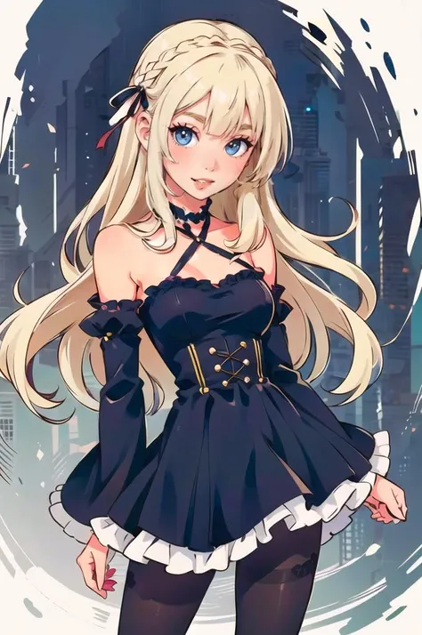<lora:DDlipbit_v2(noTag):0.85> lip bite, biting lips,, ultra detailed, masterpiece, best quality, aesthetic, detailed,, solo, soft smile, light smile,
1girl, blue eyes, very long hair, blonde hair, long blonde hair, french braid, bangs, medium breasts,, hair ribbon, frilled choker, criss-cross halter, sleeveless dress, high-waist skirt, backless dress, waist bow, detached sleeves, frilled sleeves, wide sleeves, pantyhose, patterned legwear, mary janes,