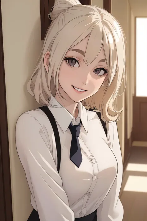 (eye level, headshot:1.2) photo of <lora:JadeLloyd_v1:0.9> JadeLloyd with platinum blonde hair and a big goofy grin,
she is wearing hanten,
she is wearing tie clip,
her hair is styled as Low Bun with Curly Hair,
BREAK she is (in the hallway:1.1),
soft fill lighting,
Kodak Vision3 IMAX
,vignette,Voigtlnder Nokton 50mm f1.1
,shot on Canon EOS 5D, smooth background bokeh
,