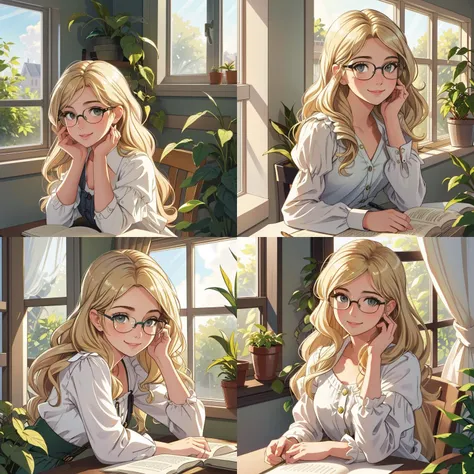 a pretty young girl
Emily Bett Rickards
with a button nose
a barrette holding
her messy wavy blonde hair
ringlets frame her face
a quiet study
green plants on the windowsill
rays of morning light
she smiles softly
under black oval glasses
reading peacefully
a white peasant blouse
sleeves rolled up to her elbows
a pencil in hand