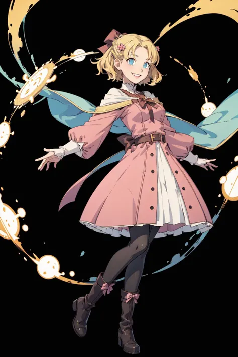 (masterpiece,best quality),feh,1girl,pink dress,hair flower,hair bow,smiling,magic circle,white pantyhose,boots,standing,solo,((simple background)),black background, <lora:FEH_Concept_v2:1> , <lora:MariaCampbell:0.8>