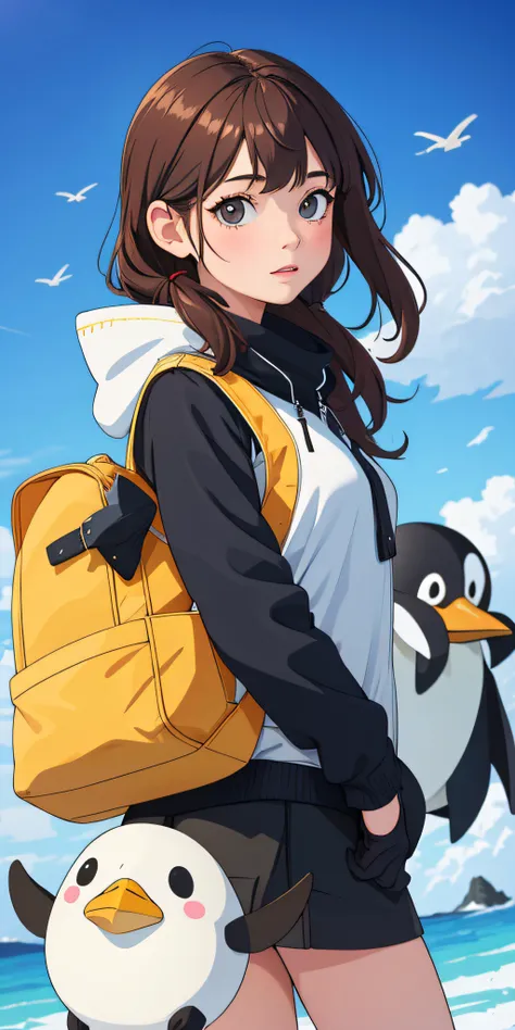 masterpiece, best quality, highres, a cute girl, holding a pinguin, in the antartic