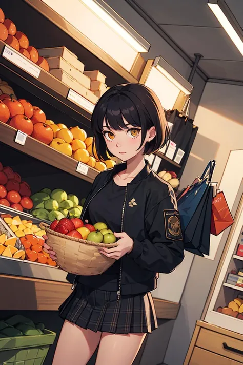(masterpiece),( best quality), detailed background, dramatic lighting, 1girl, food, fruit, solo, skirt, shop, indoors, jacket, shopping, basket, jewelry, shirt, shelf, short hair, black hair, plaid skirt, black jacket, dutch angle, yellow eyes, looking at viewer
