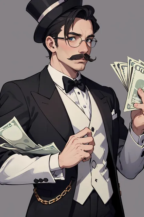(masterpiece),( best quality), 1boy, tuxedo, monocle, top hat, cash bag, moustache