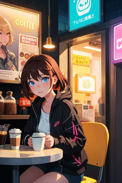 (masterpiece),( best quality), 1girl, coffee time, glow from neon lights,