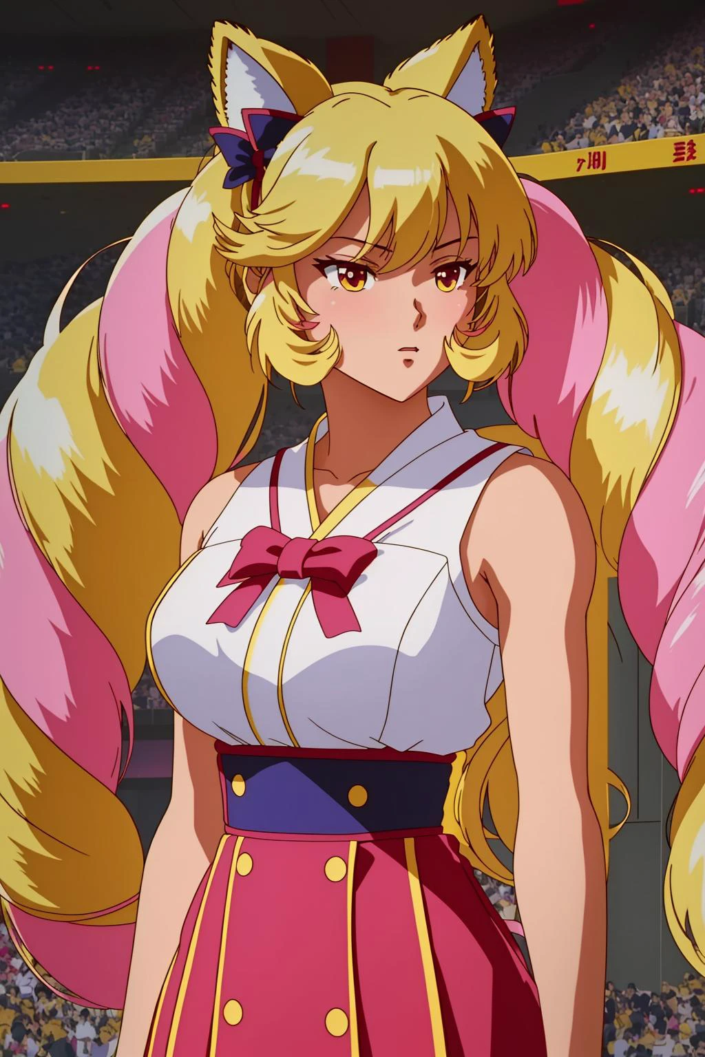yu_yu_hakusho_style <lora:yu_yu_hakusho_style:0.9>, <lora:My LORA:0.7> Himeko, very long hair, red eyes, hair bow, twin_drills, twintails, long hair,cat ears, yellow cat ears, (((masterpiece))), (((best quality))), (((illustration))), (((finely detail))), ((extremely detailed cg unity 8k wallpaper, highres)), (beautiful detailed face and eyes and hair:1.1), (an extremely delicate and beautiful girl:1.2), ultra-detailed, ultra high res, high quality, 4K, extreamly delicate and beautiful, full_body, standing, in full growth, hourglass waist