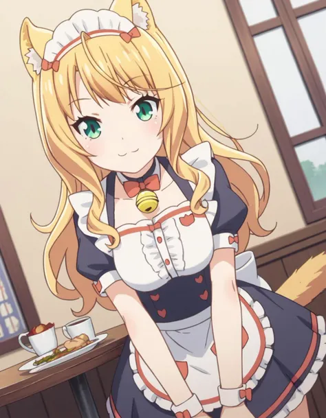 score_9, score_8_up, score_7_up, source_anime,
nekoparamaple, <lora:nekopara-maple-s1-ponyxl-lora-nochekaiser:1>,
maple, long hair, blonde hair, animal ears, green eyes, ahoge, cat ears, animal ear fluff, cat girl,
dress, bow, tail, short sleeves, frills, bowtie, apron, cat tail, maid, maid headdress, bell, cat girl, waist apron, jingle bell, neck bell, waitress,
indoors, cafe, bent over, smile,
looking at viewer, solo, cowboy shot, dutch angle,