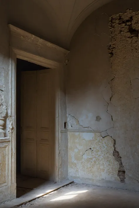 a professional photo, castle chamber, cracked wall, peeled paint, by Rembrandt Van Rijn, beautiful composition, cinematic light, detailed, skin details, sharp eyes, chateau, urbex, <lora:Chateau_Hajnowejsa:0.8>