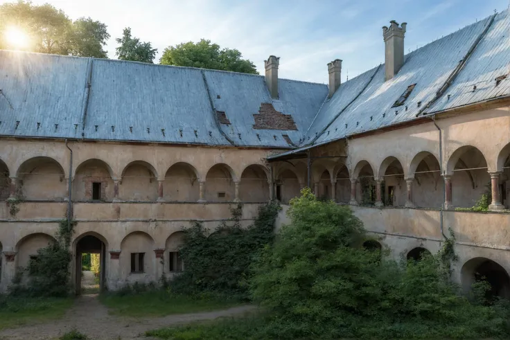 a professional photo, old chateau with tower and gate, park, by Rembrandt Van Rijn, beautiful composition, cinematic light, detailed, chateau, urbex, <lora:Chateau_Hajnowejsa:0.8>