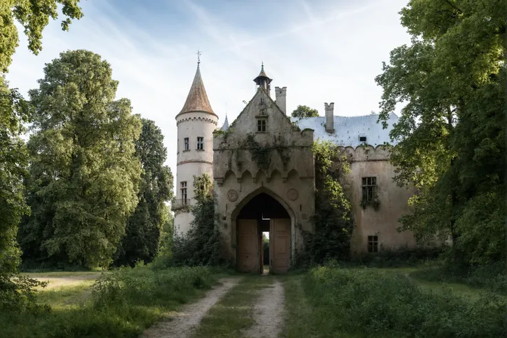 a professional photo, old chateau with tower and gate, park, by Rembrandt Van Rijn, beautiful composition, cinematic light, detailed, chateau, urbex, <lora:Chateau_Hajnowejsa:0.8>