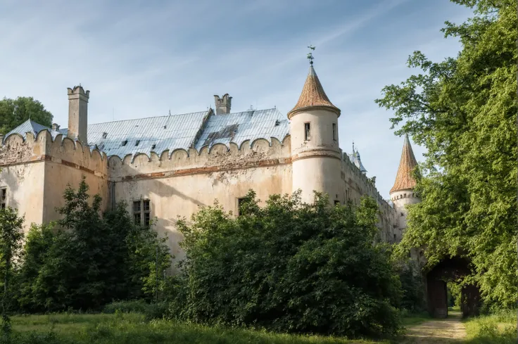 a professional photo, old chateau with tower and gate, park, by Rembrandt Van Rijn, beautiful composition, cinematic light, detailed, chateau, urbex, <lora:Chateau_Hajnowejsa:0.8>