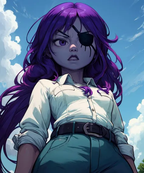 pibby black eyes,purple hair,blue skin,long hair,left eyepatch,
standing,scar,serious,small breasts,
white shirt,belt,from below,
outdoors,plains,
(insanely detailed, beautiful detailed face, masterpiece, best quality),solo,<lora:pippy:0.9>,