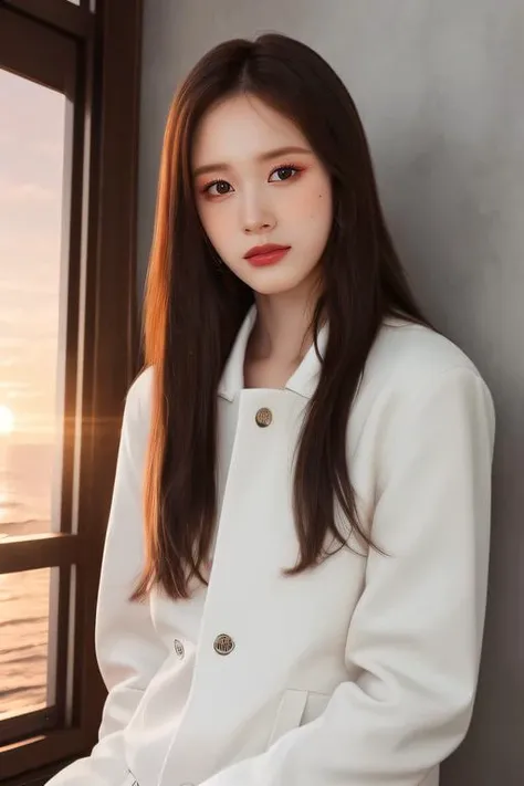 best quality, masterpiece, ultra high res, (photorealistic:1.4), j1 a woman, light eye makeup, looking at the viewer, half body photo, white jacket, at the room, sunset, <lora:httpj:1:lbw=FACES>