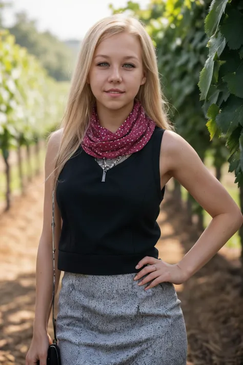 Tower13_Bianca, (Art Photography, Award Winning) (skinny), (Sweeping vineyard with rows of grapevines) (wearing leather, vest, pencil skirt, dark red polka dots print scarf) (Short golden pixie with side fringe hairstyle) by Steve McCurry, perfect teeth, 35mm, F/2.8, ((Photo Focus, DOF, Aperture, insanely detailed and intricate, character, hypermaximalist, beautiful, revealing, appealing, attractive, amative, hyper realistic, super detailed))(DOF, blurry background), Determined facial expression