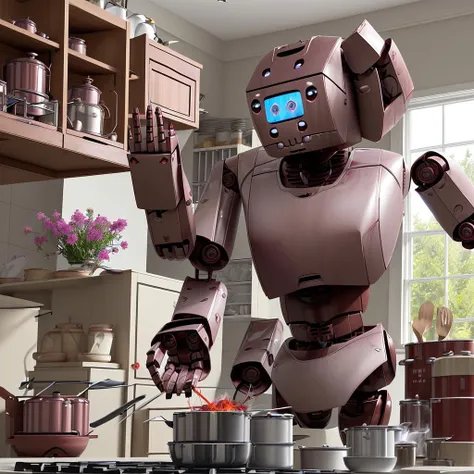 <lora:AlaskyFireweed:1> Alaska_fireweed  (robot cooking in a kitchen:1.3)