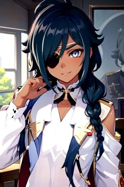 <lora:KaeyaAlberich-01:0.7>, mykaeya, looking at viewer, eyepatch, white shirt, long sleeves, upper body