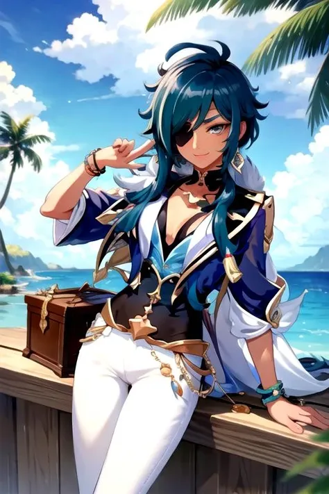 <lora:KaeyaAlberich-01:0.7>, mykaeya, looking at viewer, eyepatch, white pants, earrings, treasure chest, sea, coin, palm tree, blue shirt