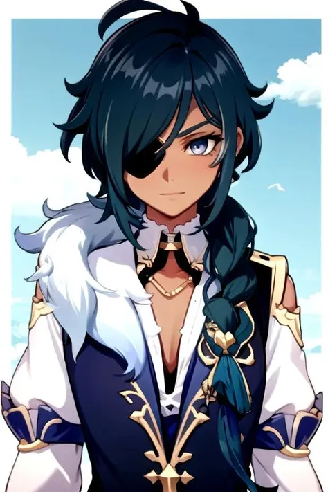 <lora:KaeyaAlberich-01:0.7>, mykaeya, looking at viewer, eyepatch, white shirt, long sleeves, upper body