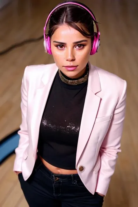 1girl, solo, merveozbey01, teen, brown eyes, ((hair bun)), dark black hair, detailed face, (white skin), face dusted with (white) powder, curvy, ((black) Business Casual jacket) with Scoop Neck T-Shirt, [:(((large pink DJ headphones))) adorned with ((diamonds, fancy, glitter)):.2],  arms spread, collar outfit, she looking at viewer, Photorealistic, Hyperrealistic, Hyperdetailed, analog style, matte skin, soft lighting, realistic, heavy shadow, masterpiece, best quality, ultra realistic, 8k, golden ratio, Intricate, High Detail, film photography, soft focus, RAW candid cinema, 16mm, color graded portra 400 film, remarkable color, ultra realistic, textured skin, remarkable detailed pupils, realistic dull skin noise, visible skin detail, skin fuzz, dry skin, shot with cinematic camera,  <lora:MerveLaraOzbey01-000009:1>, (((from above)))