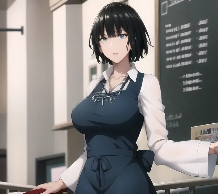 <lora:FubukiOPM:1>, waitress, white shirt, blue skirt, blue ribbon, white apron, waist_apron, short_sleeves