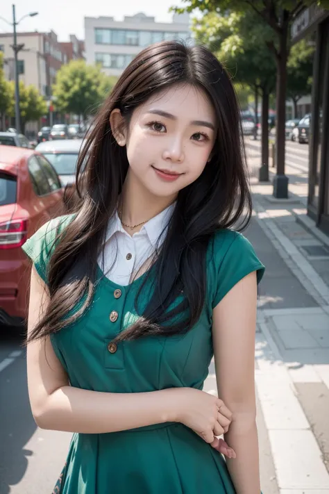 1girl,(wearing a deep green blouse:1.2),(RAW photo, best quality), (realistic, photo-realistic:1.4), masterpiece, an extremely delicate and beautiful, extremely detailed, 2k wallpaper, Amazing, finely detail, extremely detailed CG unity 8k wallpaper, ultra-detailed, highres, soft light, beautiful detailed girl, extremely detailed eyes and face, beautiful detailed nose, beautiful detailed eyes,cinematic lighting,city lights at night,perfect anatomy,slender body,smiling <lora:fujitasaki_lora:0.7>