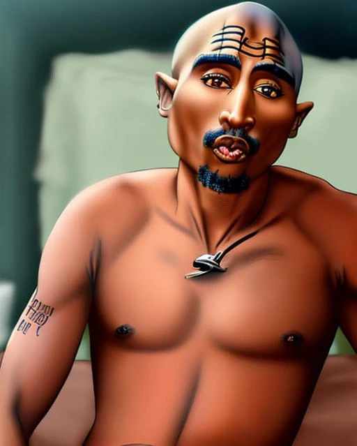 (emb_tupac:1.5), masterpiece, best quality, young boy, twink, thin, weak, cowboy shot, looking at viewer, shiny skin, detailed eyes, detailed face, realistic eyes, realistic face, bedroom, Style-Kilt