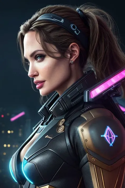 a masterpiece, contrast colors, lower side angle view best quality professional RAW color photo, closeup photo of angelina jolie, ultra detailed face, middle body shot, steampunk concept clothes under brown leather overcoat concept with mecha parts and shining leds, transparent parts, cyber headband, burry backdrop of neon-lit cityscape with stared sky and spaceships, drones, robots, flying machines, cinematic action, ambient occlusion, nightime, smooth lights, ultra realistic, 4K 8K