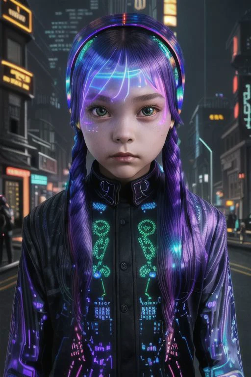 best quality professional RAW color photo, awesome angle view, ultra detailed, night time, rich drawn face, overcoat, , (((cyber headband))), ((((hologram clothes)))), cyber body parts, middle body shot, looking at camera, steampunk style, wednesday adams, variety of colors, smooth, in background, old buildings with futuristic details, robot sushi seller, cyborg people, shining leds