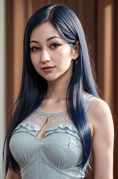 photograph of alexcoal-1300, makeup, (blue hair:1.2), wearing a detailed intricate long tight white armani dress, smiling, hourglass figure, (highly detailed face, natural skin texture), warm studio lighting, best quality, absurdres, masterpiece, by arny freytag