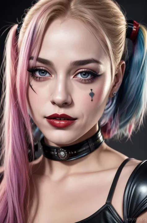 (photograph) of harley quinn, artistic erotica, (highly detailed face, natural skin texture), warm studio lighting, hyperrealism, best quality, absurdres, masterpiece, by holly randall,