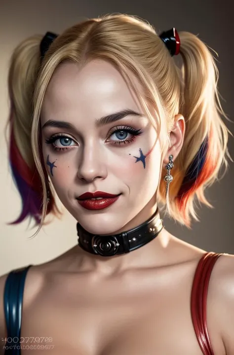 (photograph) of harley quinn, artistic erotica, (highly detailed face, natural skin texture), warm studio lighting, hyperrealism, best quality, absurdres, masterpiece, by holly randall,