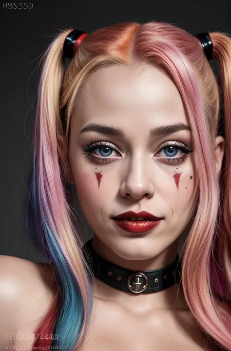 (photograph) of harley quinn, artistic erotica, (highly detailed face, natural skin texture), warm studio lighting, hyperrealism, best quality, absurdres, masterpiece, by holly randall,