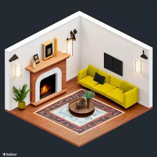 cozy living room with fireplace,8k,3d,isometric,isometricfuture,centered subject