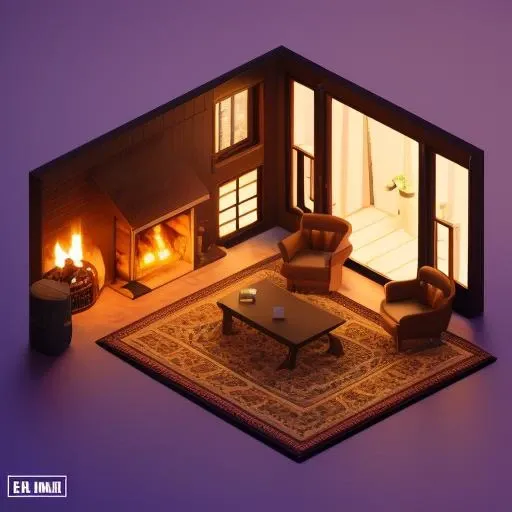 cozy living room with fireplace,8k,3d,isometric,isometricfuture,centered subject