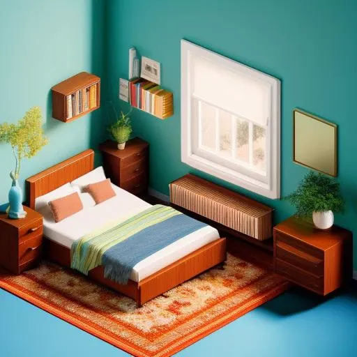 bedroom,bed,forniture,books shelf,stereo,table,chairs,staircase,sunlight,sunrise,8k,3d,isometric,isometricfuture,centered subject,detailed,highres