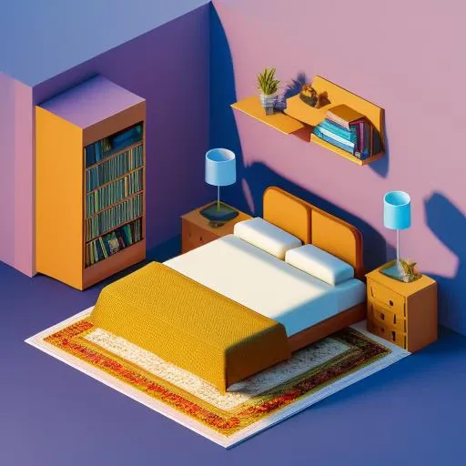bedroom,bed,forniture,books shelf,stereo,table,chairs,staircase,sunlight,sunrise,8k,3d,isometric,isometricfuture,centered subject,detailed,highres